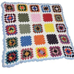 Vtg Colorful Granny Square Crochet Crib Size Chair Throw Light Blue Trim 32 X32